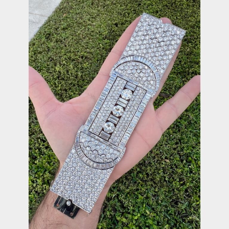 Art Deco Platinum 97.20 Ct. Diamond Bracelet: Item # 13572 Art Deco Platinum 97.20 Ct. Diamond Bracelet Weighing 163.8 grams Set with 3 Diamonds weighing app. 10.00 Ct. J Color, VVS Clarity Along with 412 European-cut Diamonds weighing app. 53.00