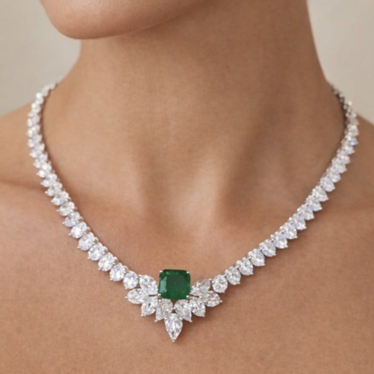 1950’s Platinum Emerald & Diamond Necklace: Item # 12810 1950’s Platinum Emerald & Diamond Necklace Weighing 51.1 grams Set with a 4.18 Ct. Emerald Along with 8 Fancy-cut Diamonds weighing app. 5.00 Ct. And 83 European-cut Diamonds weighing a