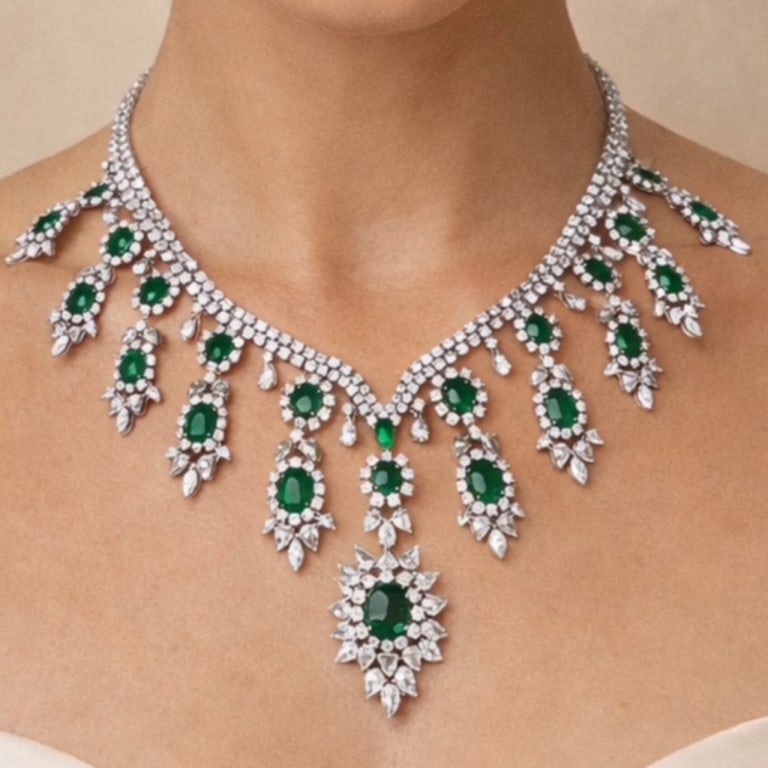 18K White Gold Colombian Emerald & Diamond Necklac: Item # 9939 18K White Gold Colombian Emerald & Diamond Necklace Weighing 70.2 grams Set with 497 Round Diamonds weighing app. 39.75 Ct. 104 Pear-shaped Diamonds weighing app. 18.50 Ct. E-G Color, VVS-