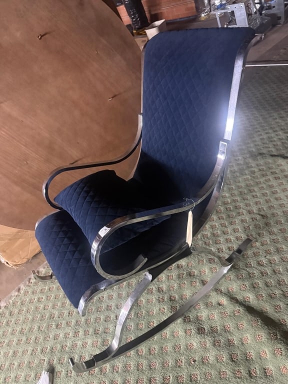 Vintage 1950s Navy Chrome Rocking Chair: Vintage 1950s Chrome rocking chair Newly upholstered in a quilted navy velvet PICK UP LOCATION - WEST LA, LOS ANGELES