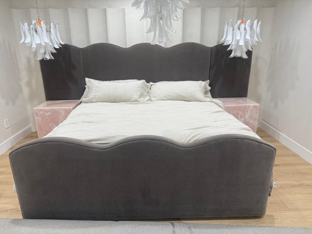 Custom Made Mohair King Bed New: New Custom Made Mohair King Bed With Leather Welting PICK UP LOCATION - WEST LA, LOS ANGELES