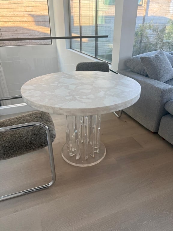 Vintage lucite table base with Dover white marble: Vintage lucite table base with Dover white marble top Dimensions: 42" diameter x 30" high PICK UP LOCATION - WEST LA, LOS ANGELES