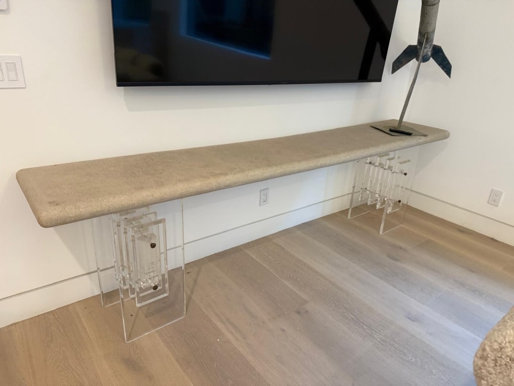 Lime stone console table with vintage lucite legs: Lime stone console table with vintage lucite legs Dimensions: 9ft long x 19" deep x 31" high PICK UP LOCATION - WEST LA, LOS ANGELES
