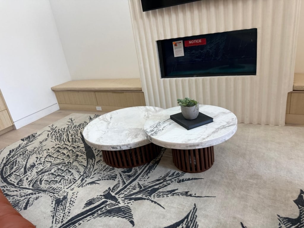 Dover white marble nesting tables on walnut bases - 2