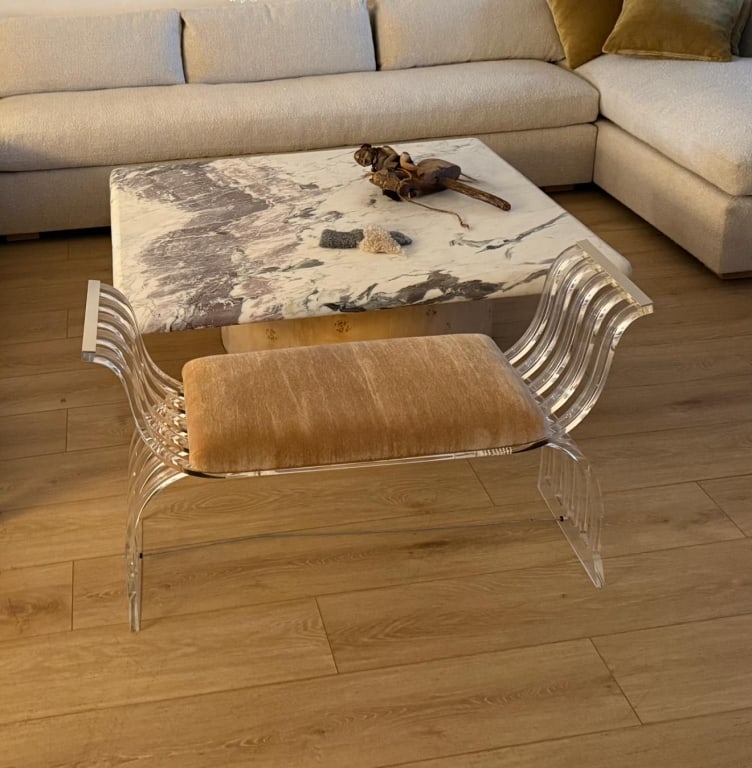Lucite and Mohair Bench: Lucite and mohair Bench PICK UP LOCATION - WEST LA, LOS ANGELES