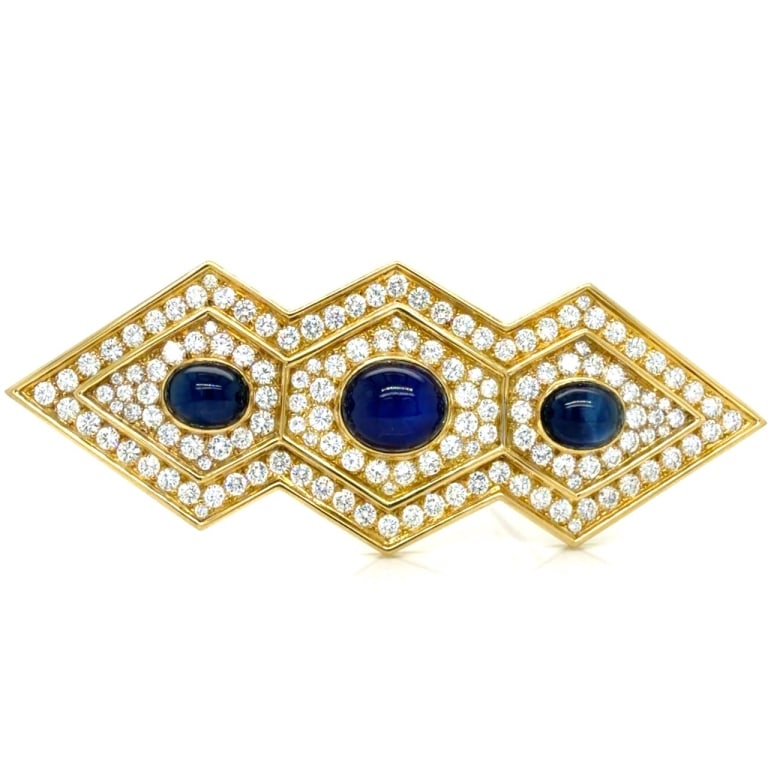 TALLARICO 18K Yellow Gold Sapphire & Diamond Brooc: Item # 13629 Category Pins - Clips TALLARICO 18K Yellow Gold Sapphire & Diamond Brooch Weighing 44.3 grams Set with 3 Sapphires weighing app. 20.00 Ct. Along with 138 Diamonds weighing app. 13.00 Ct.