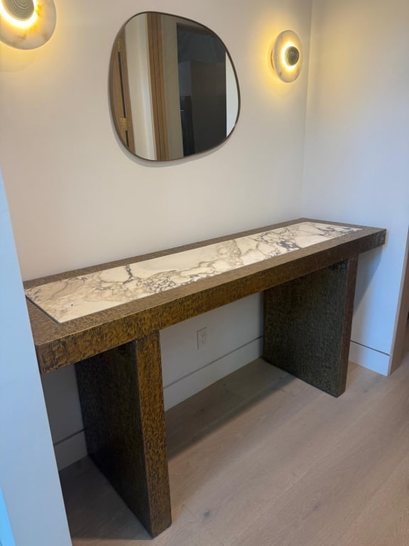 Gilad Ben-Artzi brass console with Viola drop: Gilad Ben-Artzi Architectural brass console with Viola drop Dimensions: 72" long PICK UP LOCATION - WEST LA, LOS ANGELES