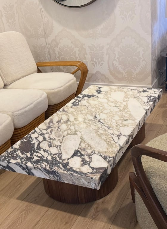 Rectangular viola marble coffee table-oak legs: Rectangular viola marble coffee table with oak drum legs PICK UP LOCATION - WEST LA, LOS ANGELES