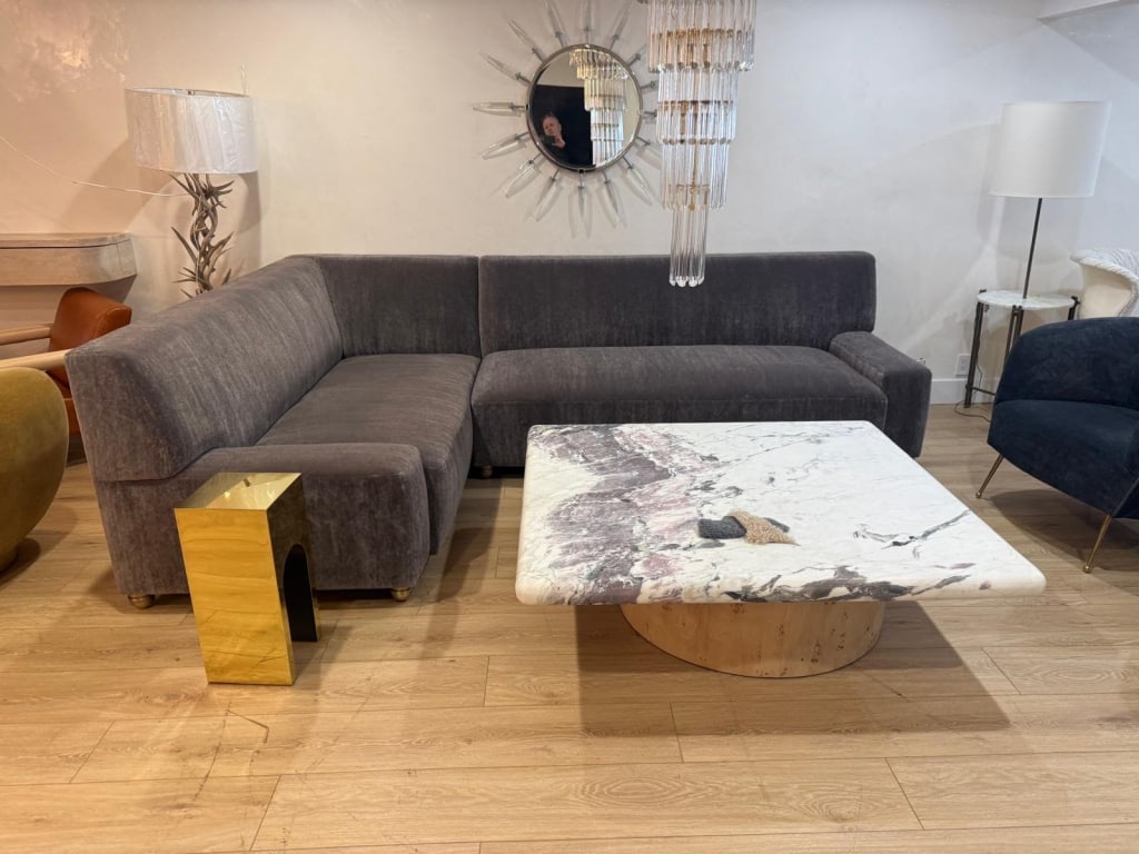 New tight upholster mohair sectional with brass: New tight upholster mohair sectional with brass feet PICK UP LOCATION - WEST LA, LOS ANGELES