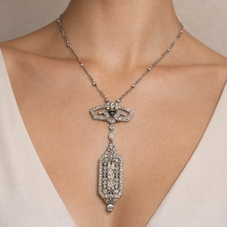 French Art Deco Platinum Diamond Watch Pendant on: Item # 13570 Category Necklaces French Art Deco Platinum Diamond Watch Pendant on Diamond by the Yard Necklace Weighing 32.4 grams Set with app. 5.00 Ct. of Old Mine Diamonds F-G Color, VVS-VS