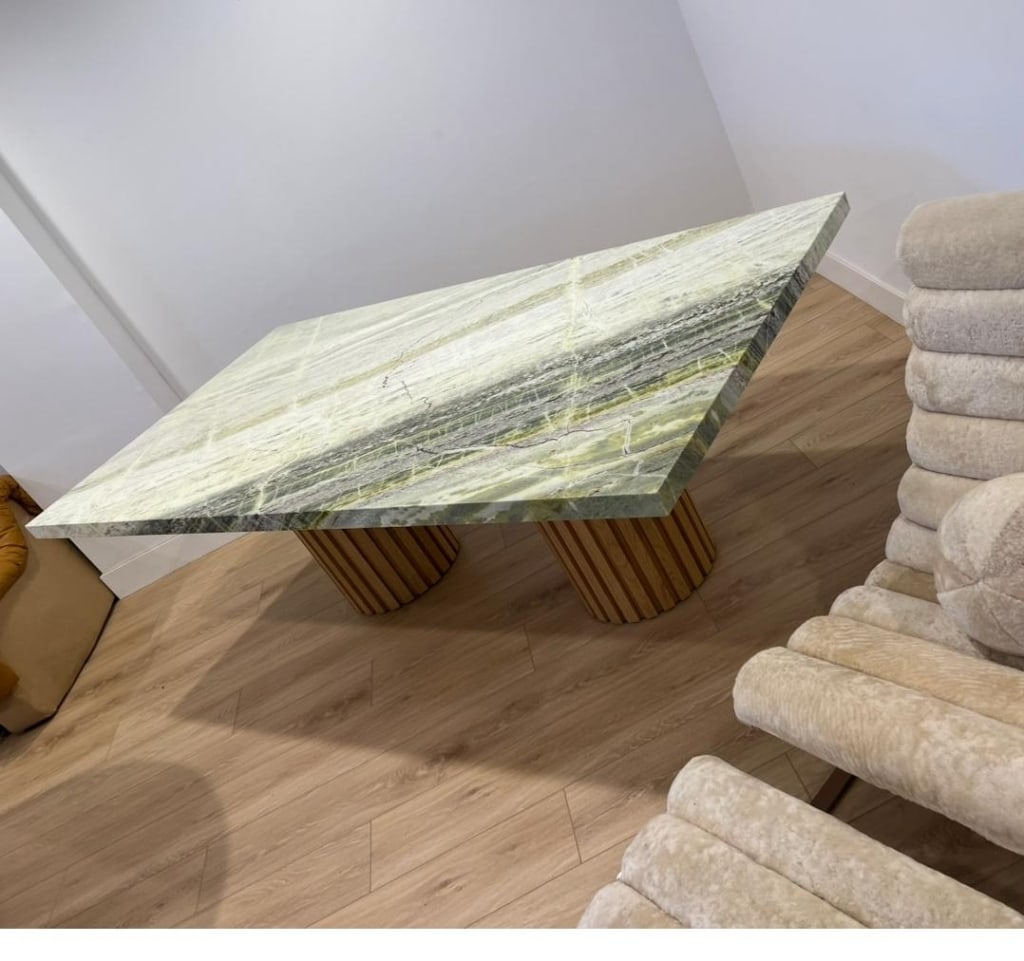 Irish green marble table with owl pedestal legs: Irish green marble table with owl pedestal legs Dimensions: 96" x 48" x 31" PICK UP LOCATION - WEST LA, LOS ANGELES
