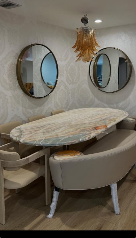 Rainbow onyx dining table with oak base: Rainbow onyx dining table with oak base Dimensions: 97" x 48" x 31" PICK UP LOCATION - WEST LA, LOS ANGELES