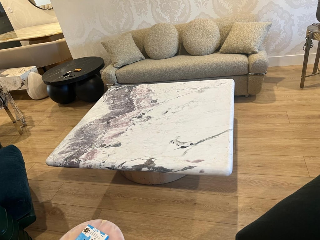 Calcutta Brescia Marble Table: Calcutta Brescia marble table 48 square with round oak Burl base. PICK UP LOCATION - WEST LA, LOS ANGELES