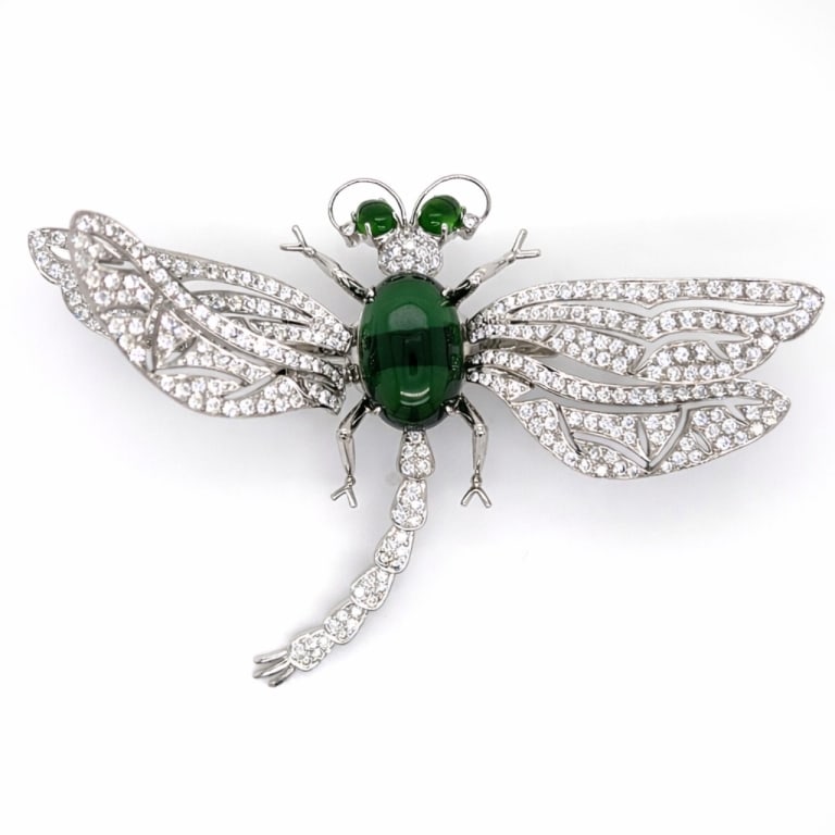 18K White Gold Tourmaline & Diamond Dragonfly Entr: Item # 13602 Category Pins - Clips 18K White Gold Tourmaline & Diamond Dragonfly Entremblant Brooch Weighing 39.6 grams Set with app. 300 Diamonds weighing app. 9.00 Ct. F-G Color, VVS-VS Clarity