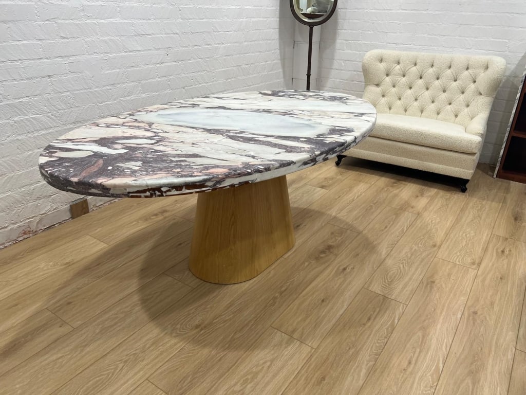 Viola Marble Oval Table, Oak Base: Viola Marble Oval Table, Oak Base Dimensions: 72" long x 44" wide x 31" high PICK UP LOCATION - WEST LA, LOS ANGELES