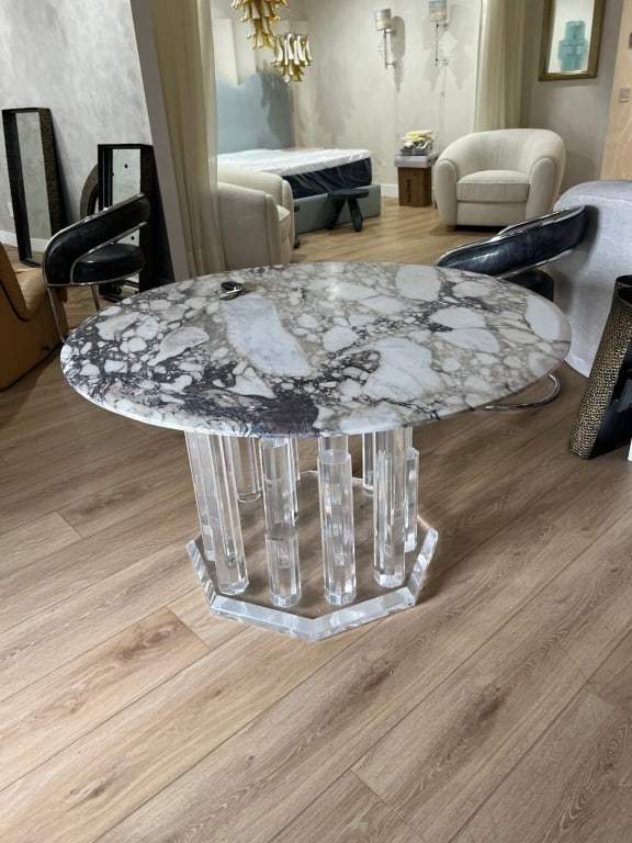 Monumental lucite base with viola marble top: Monumental lucite base with viola marble top Dimensions: 48" Diameter x 31" High PICK UP LOCATION - WEST LA, LOS ANGELES