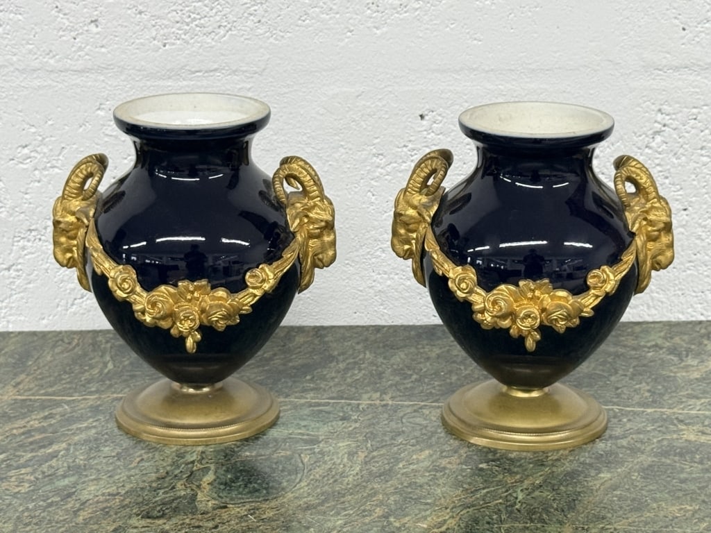 Pair of Cobalt Blue Rams Head Vases: Pair of Cobalt Blue Rams Head Vases. French. Fantastic Quality. Measures 12 inches high x 12 inches wide.