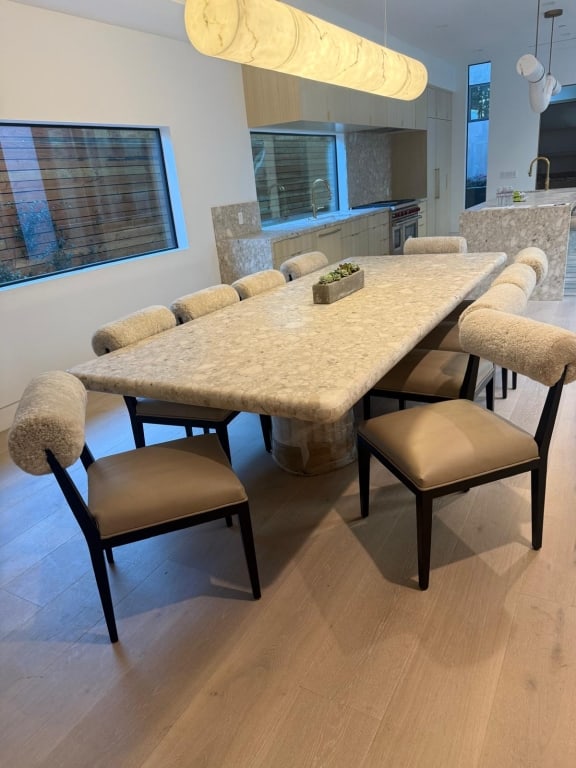 Set of 12 leather and shearling dining chairs: Set of 12 leather and shearling dining chairs stained black oak PICK UP LOCATION - WEST LA, LOS ANGELES