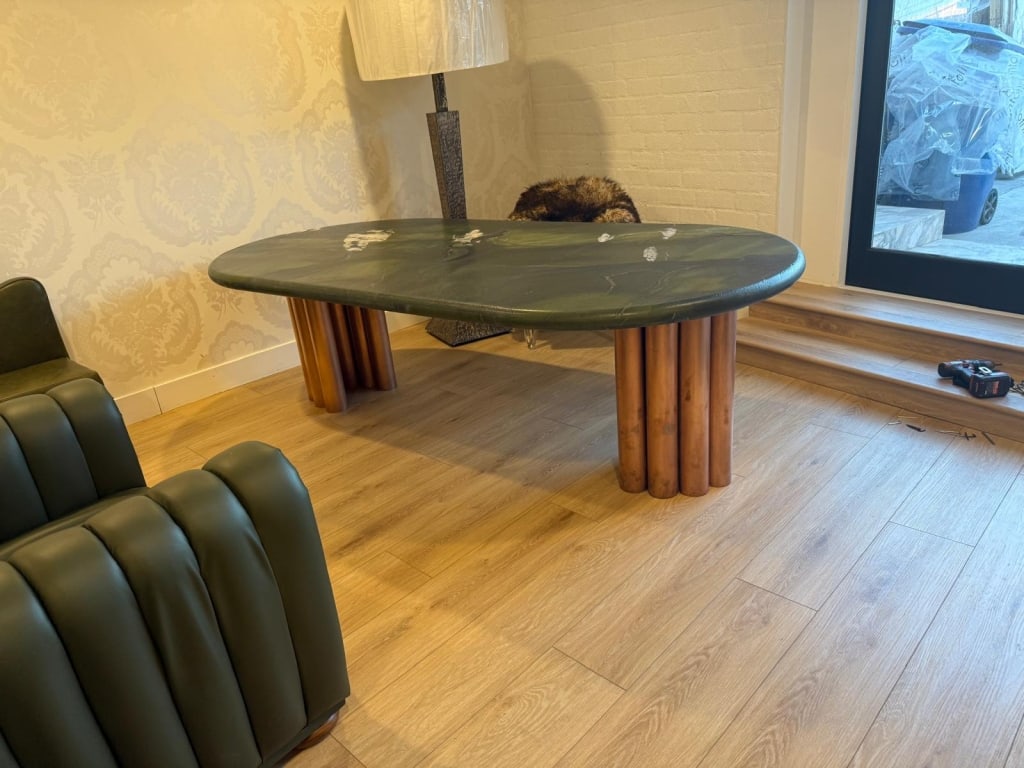 Avocado natural quartzite table with copper: Avocado natural quartzite table with copper, Martin de winter pedestal legs Dimensions: 98" x 47" x 31" PICK UP LOCATION - WEST LA, LOS ANGELES