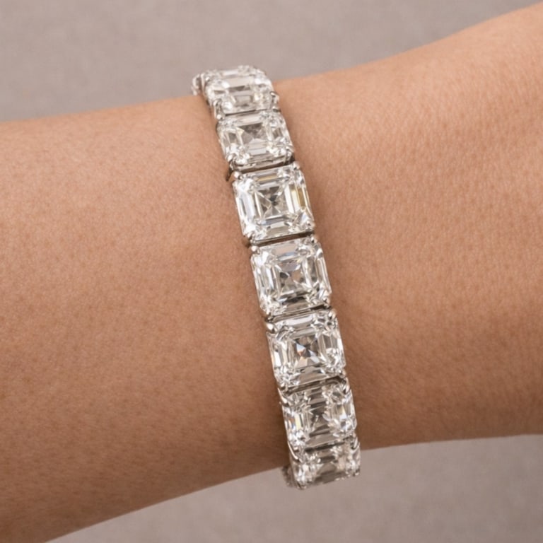 Platinum Graduated 44.00 Ct. Diamond Tennis Bracel: Item # 13645 Platinum Graduated 44.00 Ct. Ascher-cut Diamond Tennis Bracelet Weighing 37.8 grams Set with 28 Ascher-cut Diamonds weighing app. 44.00 Ct. G-H Color, VVS-VS Clarity 7 inches in length