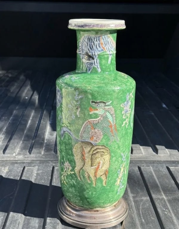 Chinese SHISO PARIS Vase: SHISO PARIS Vase, Silver Rim. Dragon And Mythological Animals. Lovely Glazed Porcelain Design. SHISO OR SHISU SIGNED Bottom. Blue Double ring design. Lovely. Measures approx 19 inches high