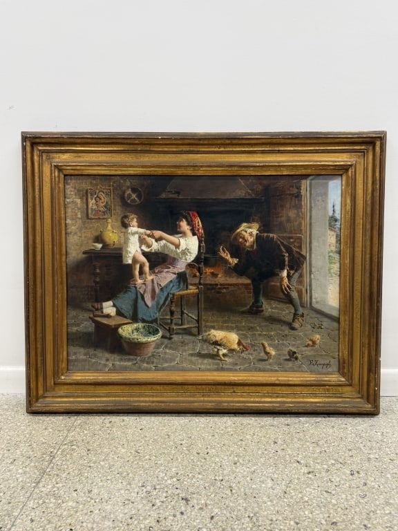 Eugenio Zampighi (1859-1944) Oil/Canvas: Eugenio Zampighi, Italian (1859-1944) oil on canvas "The First Steps". Beautifully framed. Signed lower right. Frame also produced in Italy. Some signs of age on frame, otherwise in good condition.
