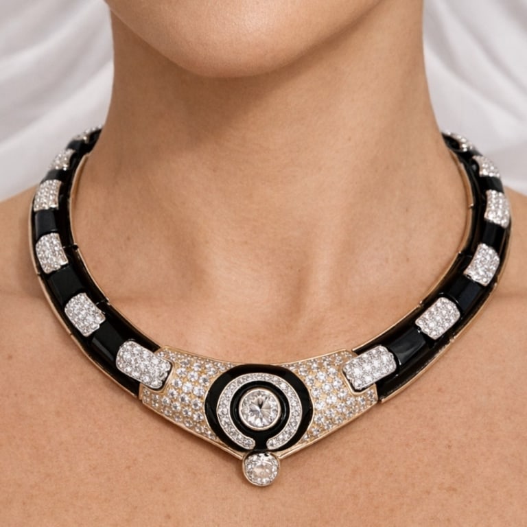 18K Yellow Gold Diamond & Onyx Necklace: Item # 13472 18K Yellow Gold Diamond & Onyx Necklace Weighing 221.8 grams Set with 2 Diamonds weighing app. 4.00 Ct. G-H Color, VS1-VS2 Along with 453 Diamonds weighing app. 23.50 Ct. F-G Color, VVS-V