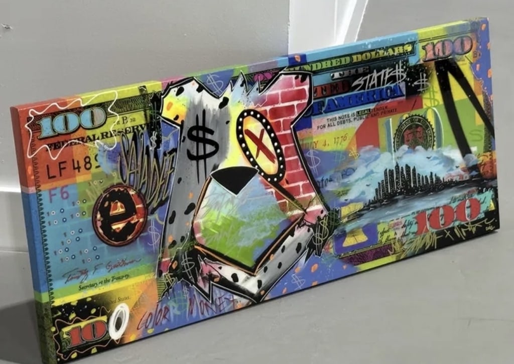 King Saladeen & Mister E. $100: King Saladeen & Mister E. $100. King Saladeen & Mister E. $100. Rare Collab. Street Art $100 Bill With Bear. Vivid Color. King Saladeen is known for his famous bear that can be found throughout the