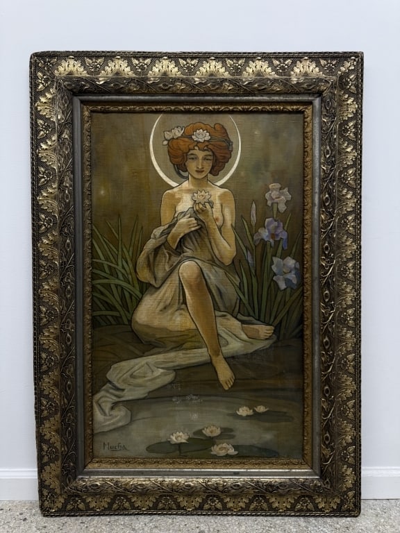 Artist Unknown French Painting Oil/Canvas: Artist Unknown French Painting oil on canvas "Partially Nude Woman". Signed "Mucha" lower left. Some minor signs of wear and age on frame and minor craquelure present on the work, otherwise in good co