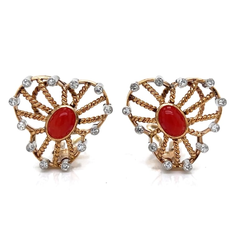 1960’s 18K Yellow Gold Coral & Diamond Earrings: Item # 13201 1960’s 18K Yellow Gold Coral & Diamond Earrings Weighing 12.1 grams Set with 24 Diamonds weighing app. 0.75 Ct. G-H Color, VVS-VS Clarity 2 Corals 0.75 inches in length
