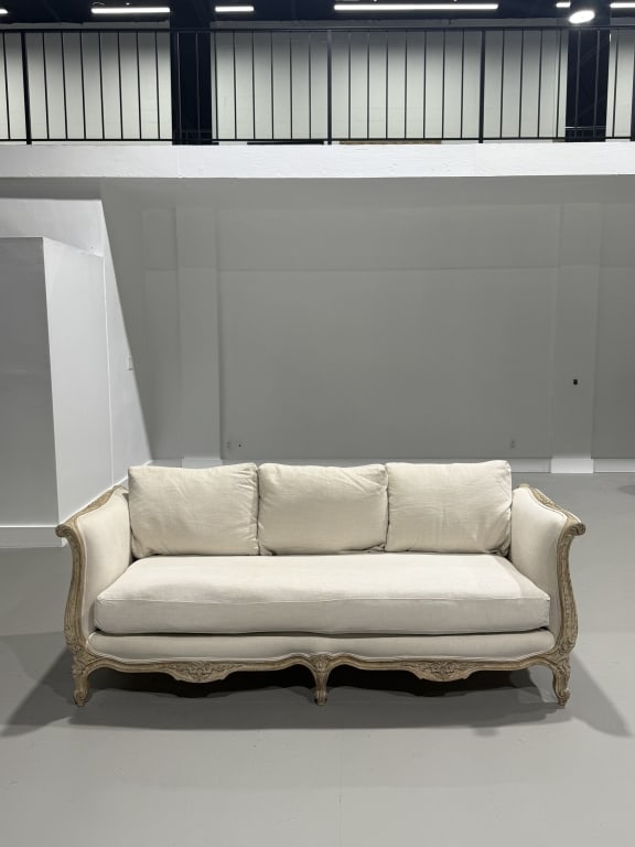 French Belgian Linen Sofa: French Belgian Linen Sofa, floral carved design. Floral. Carved Wooden & Linen. Very FIne. Measures 33 inches deep x 81 inches length x 29 inches high. Seat Height 18 1/2 inches high. Stunning
