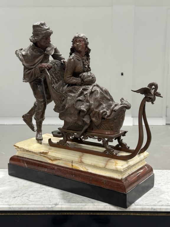 Charles Georges Ferville - Suan Bronze: Charles Georges Ferville - Suan Winter Group. On Marble Plinth. Measures Total Measuers 27 inches high x 29 inches wide x 10 inches deep