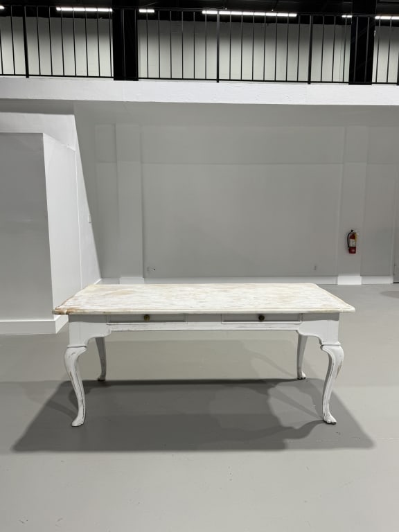 Antique French Country Writing Desk: French Country Style Writing Desk. Painted. Measures 30 1/2 inches high x 72 inches wide x 34 inches deep.