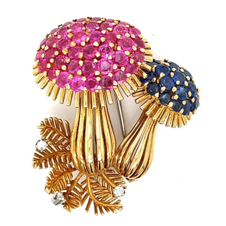 18K Gold Signed Diamond, Ruby, and Sapphire Brooch: Item # 10007 18K Yellow Gold Signed Diamond, Ruby, and Sapphire Mushroom Brooch Weighing 23.1 grams Set with 3 Diamonds weighing app. 0.15 Ct. H-I Color, VVS-VS Clarity Along with app. 6.00 Ct. of