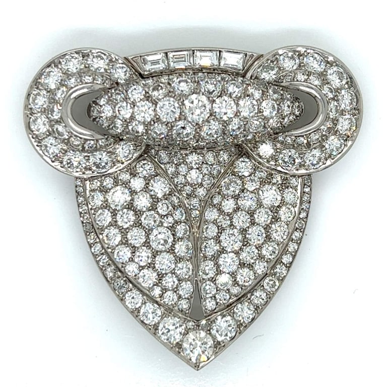 Art Deco Platinum 18.20 Ct. Diamond Brooch: Item # 10497 Art Deco Platinum 18.20 Ct. Diamond Brooch Weighing 31.4 grams Set with 230 European-cut Diamonds weighing app. 17.00 Ct. Along with 4 Baguette Diamonds weighing app. 1.20 Ct. F-H Color,