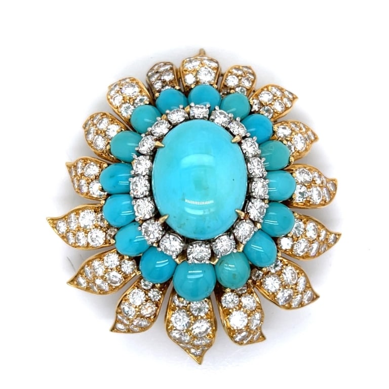 18K Yellow Gold Turquoise & Diamond Pendant/Brooch (1 of 4)