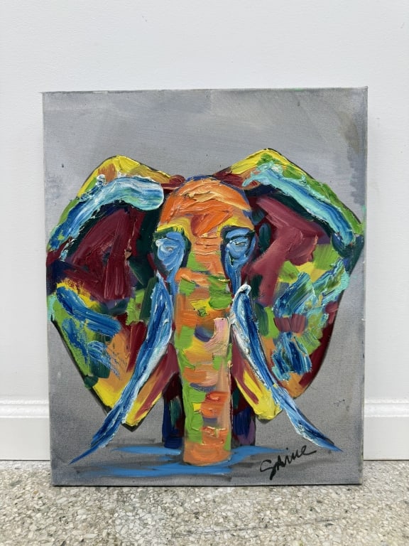 Kate Saville (b.20th c) Oil/Canvas: Kate Saville, American (b. 20th c) oil on canvas "Elephant In Color". Signed lower right. On wood stretcher. In good condition. Retail: $4,575 Measures 20" x 16"