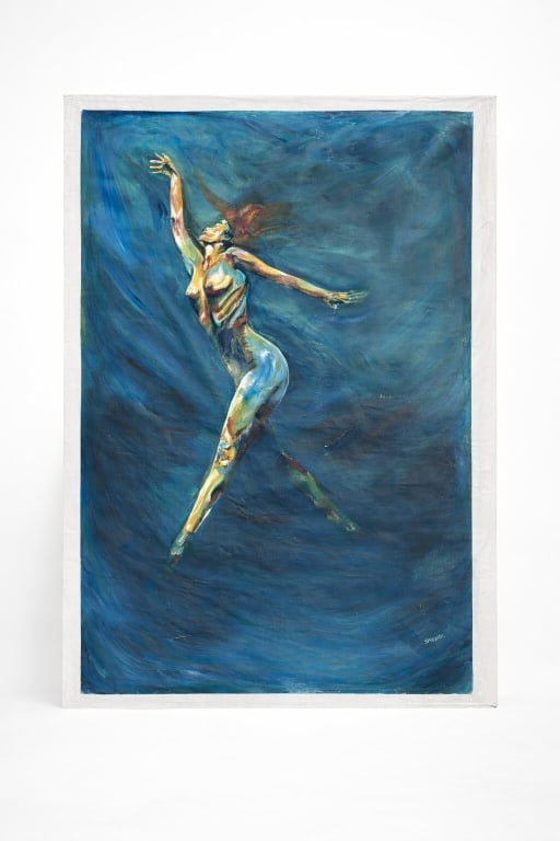 Kate Saville (b.20th c) Oil/Canvas: Kate Saville, American (b. 20th c) oil on canvas "ReEmergence" c. 2022 . Signed lower right. Unframed and without stretcher. Retail: $114,000. Staples and holes around the edges of the canvas where th