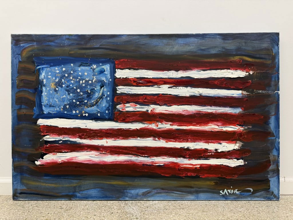Kate Saville (b.20th c) Oil/Canvas: Kate Saville, American (b. 20th c) oil on canvas "Americana Flag on Darkened Blue" c. 2025. Signed lower right. On wood stretcher. Retail: $5,950. In good condition. Measures 30" x 48"
