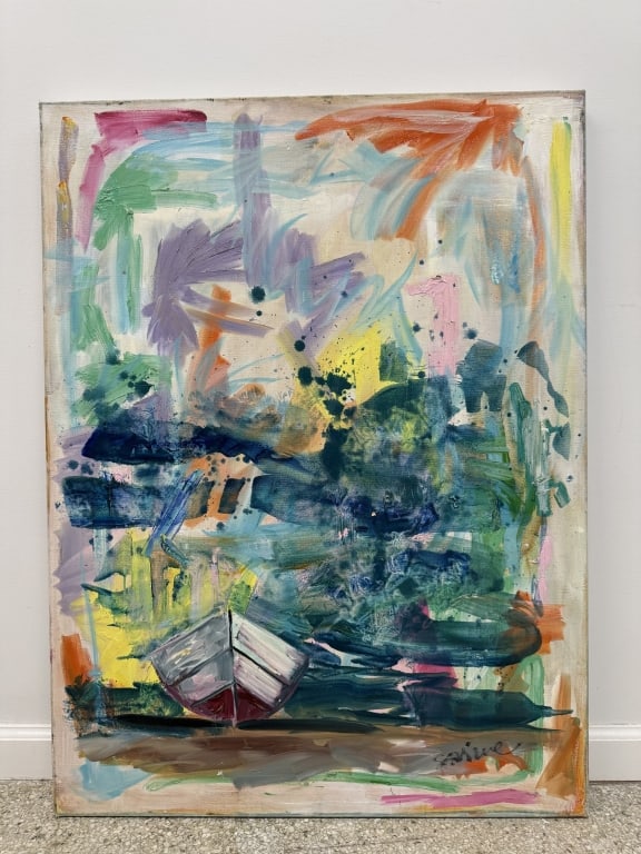 Kate Saville (b.20th c) Oil/Canvas: Kate Saville, American (b. 20th c) oil on canvas "Boat in Color" c. 2024. Signed lower right. On wood stretcher. Retail: $12,950. In good condition. Measures 40" x 30"