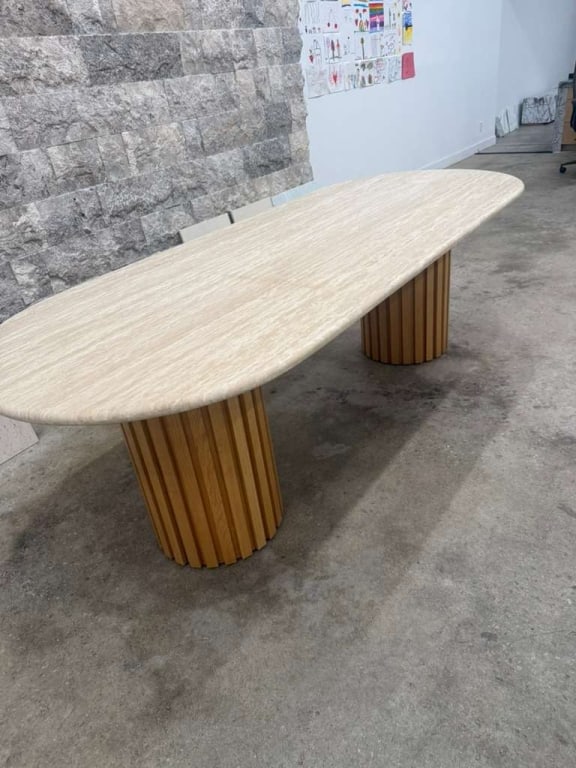 Travertine table with oak fluted legs: Travertine table with oak fluted legs Dimensions: 98 x 39 x 31 PICK UP LOCATION - WEST LA, LOS ANGELES