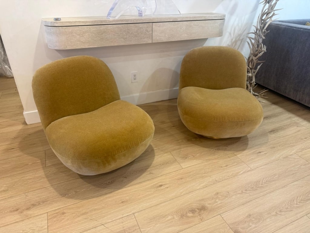 Pair of new slipper swivel chairs: Pair of new slipper swivel chairs in mohair with a brass base PICK UP LOCATION - WEST LA, LOS ANGELES