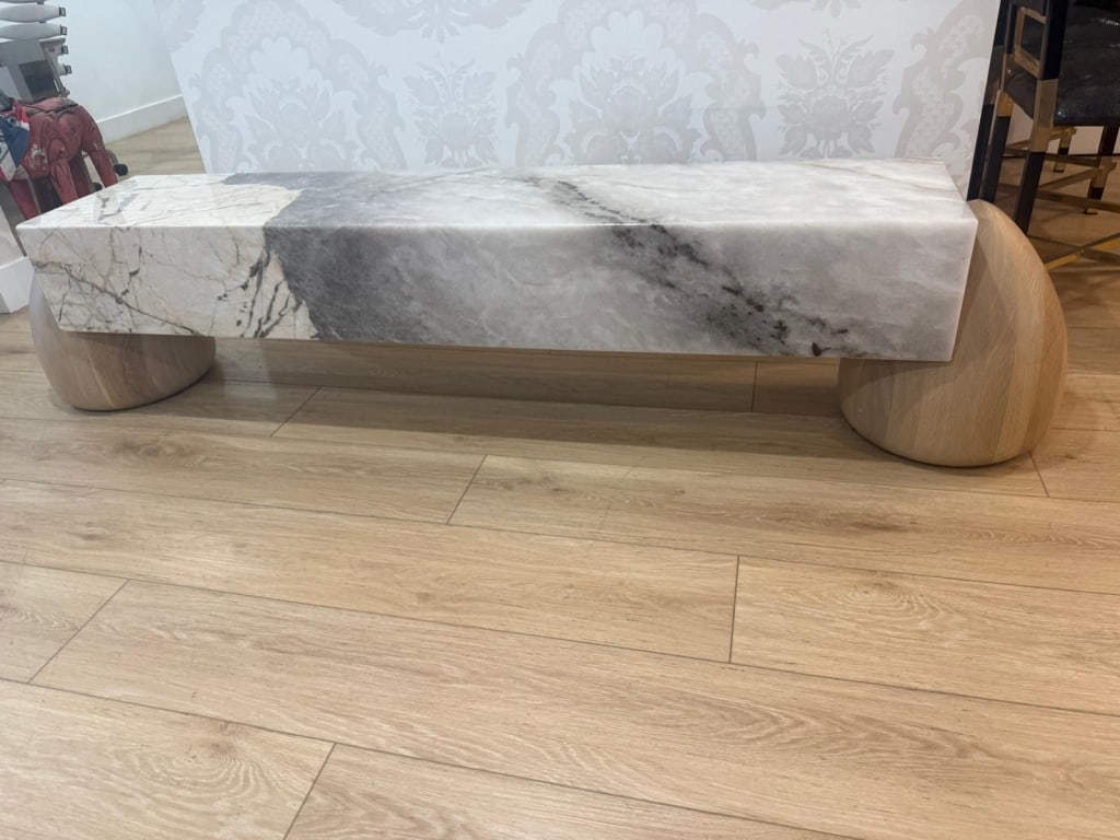 Patagonia marble bench with white oak pear feet: Patagonia marble bench with white oak pear shaped feet Dimensions: 88" long x 18" high x 15" deep PICK UP LOCATION - WEST LA, LOS ANGELES