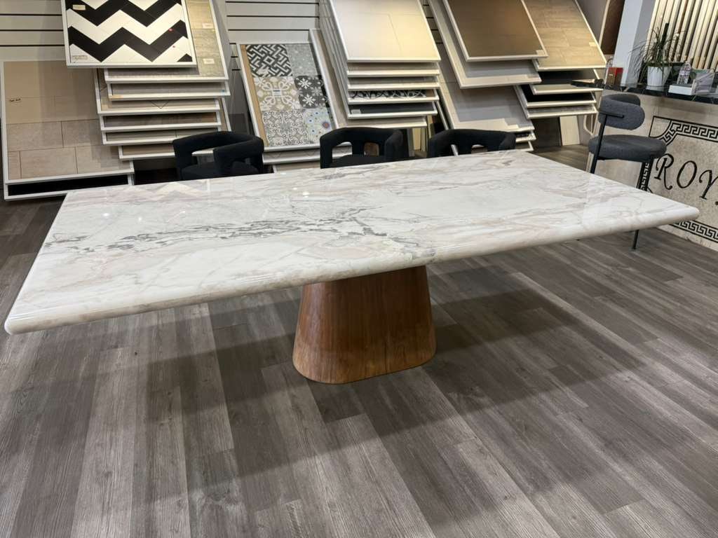 Dover white marble dining table with a walnut base: Dover white marble dining table with a walnut base Dimensions: 98" x 48" PICK UP LOCATION - WEST LA, LOS ANGELES