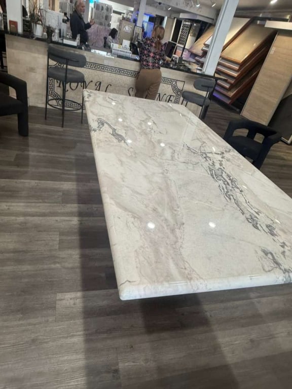 Dover white marble dining table with a walnut base - 2