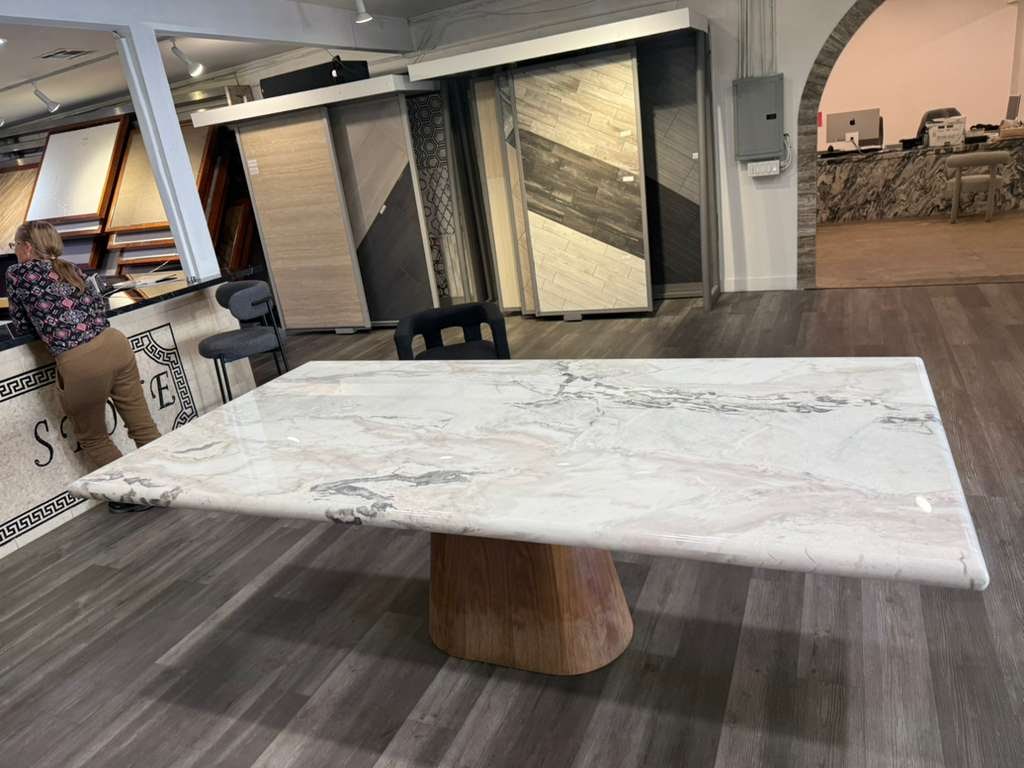 Dover white marble dining table with a walnut base - 3