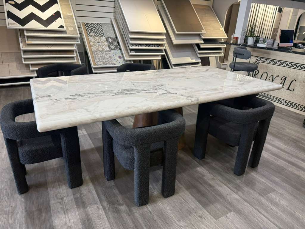 Dover white marble dining table with a walnut base - 4