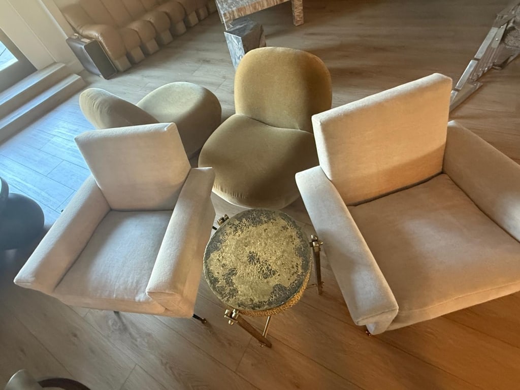 Pair of original Italian lounge chairs: Pair of original Italian lounge chairs newly upholstered in moahair PICK UP LOCATION - WEST LA, LOS ANGELES.