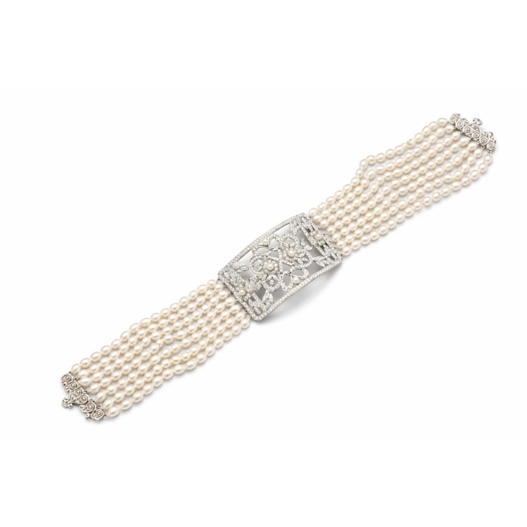 18K White Gold 10.00 Ct. Diamond & Pearl Necklace: Item # 13662 18K White Gold 10.00 Ct. Diamond & Pearl Choker Necklace Weighing 123.0 grams Set with app. 10.00 Ct. of Diamonds F-G Color, VVS-VS Clarity 13.5 inches in length