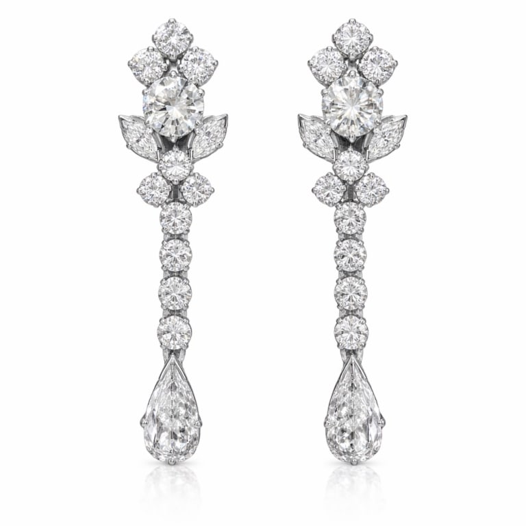 18K White Gold 6.10 Ct. Diamond Earrings: Item # 13654 18K White Gold 6.10 Ct. Diamond Earrings Weighing 10.8 grams Set with 28 Diamonds weighing app. 6.10 Ct. F-I Color, VS1-SI1 Clarity 1.75 inches in length